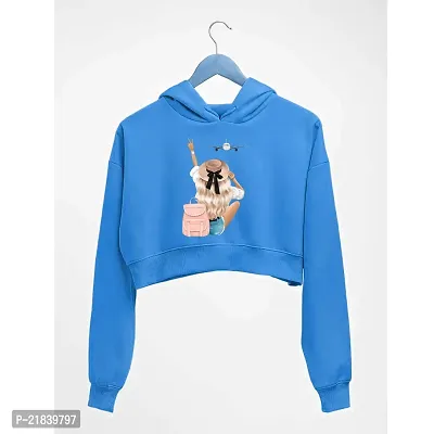 Women AEROPLANE Printed Crop Hoodie Sweatshirt (Teal Blue)