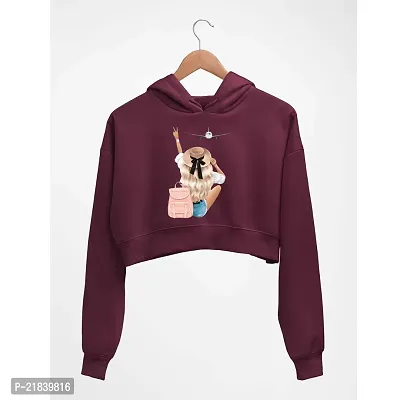 Women AEROPLANE Printed Crop Hoodie Sweatshirt (Maroon)
