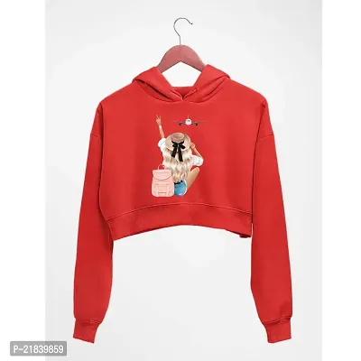 Women AEROPLANE Printed Crop Hoodie Sweatshirt (Red)