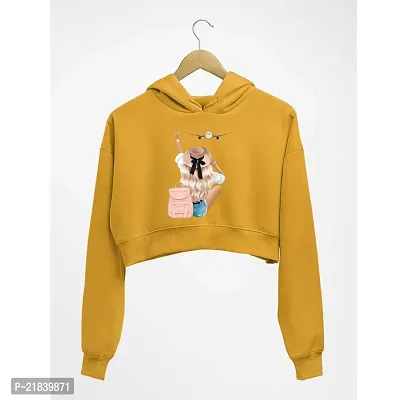 Women AEROPLANE Printed Crop Hoodie Sweatshirt (Mustard)