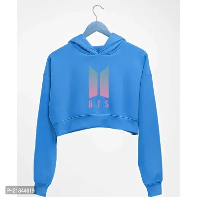 Women COLORFUL BTS Printed Crop Hoodie Sweatshirt (Teal Blue)