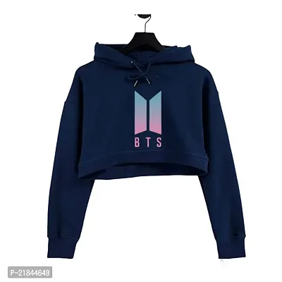 Women COLORFUL BTS Printed Crop Hoodie Sweatshirt (Blue)