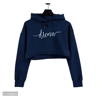 Women DREAM Printed Crop Hoodie Sweatshirt (Blue)