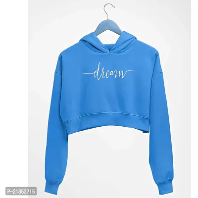 Women DREAM Printed Crop Hoodie Sweatshirt (Teal Blue)