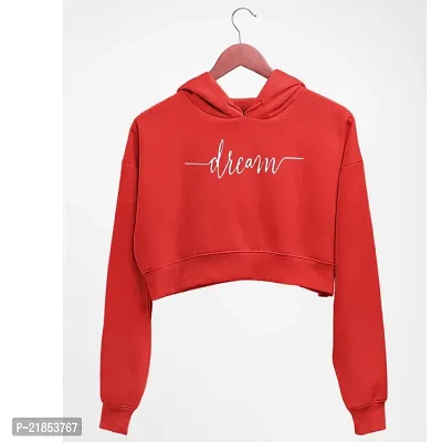 Women DREAM Printed Crop Hoodie Sweatshirt (Red)