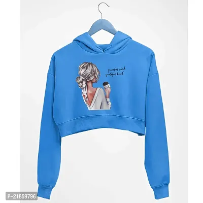 Women ULTI LADKI Printed Crop Hoodie Sweatshirt (Teal Blue)