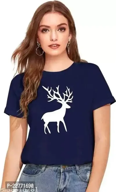 Women's DEER Printed Regular T-Shirt (Blue)-thumb0