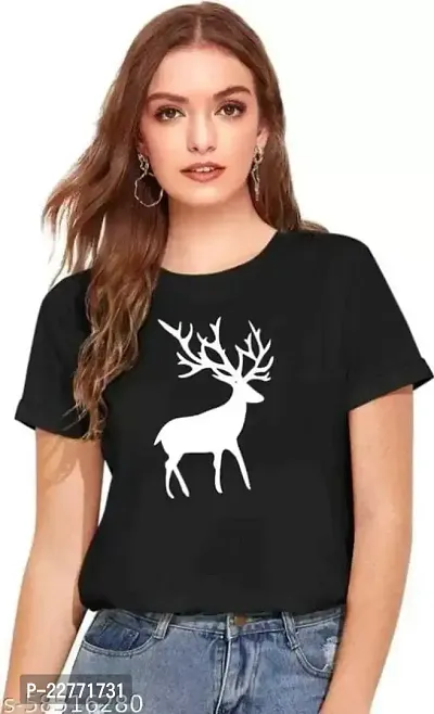 Women's DEER Printed Regular T-Shirt (Black)