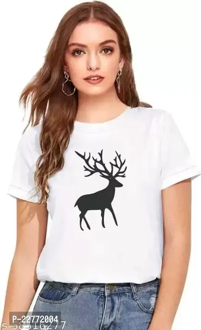 Women's DEER Printed Regular T-Shirt (White)