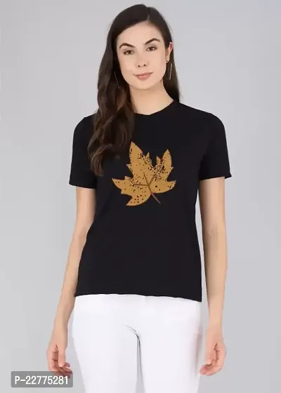 Women's LEAF Printed Regular T-Shirt (Black)