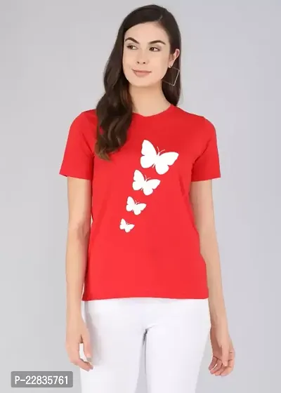 Women's BUTTERFLY Printed Regular T-Shirt (Red)