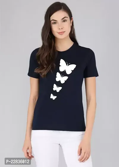 Women's BUTTERFLY Printed Regular T-Shirt (Blue)-thumb0