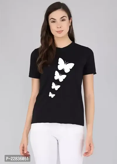 Women's BUTTERFLY Printed Regular T-Shirt (Black)-thumb0