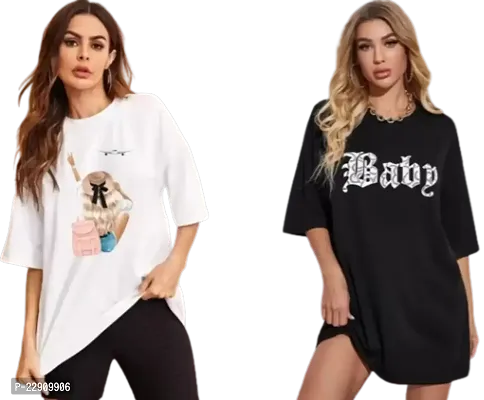 Women's Aeroplane Baby Printed OverSize T-shirt Combo (White Black)