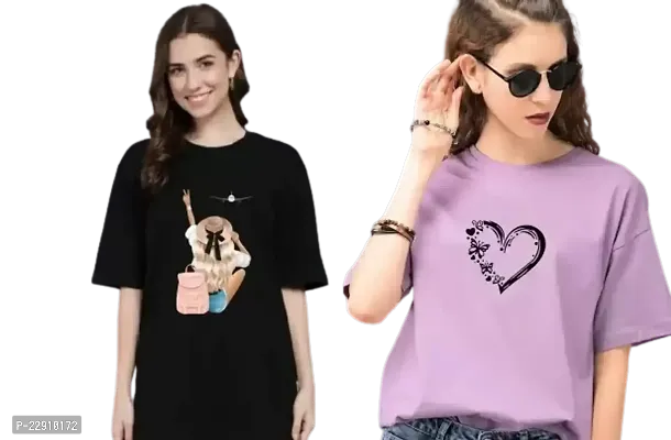 Women's Aeroplane Heart Butterfly Printed OverSize T-shirt Combo (Purple Black)