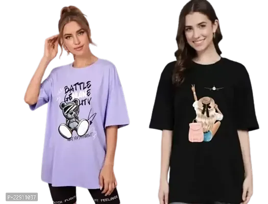 Women's Aeroplane Battle Printed OverSize T-shirt Combo (Purple Black)