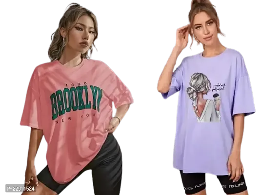 Women's Brooklyn Ulti Ladki Printed OverSize T-shirt Combo (Purple Pink)