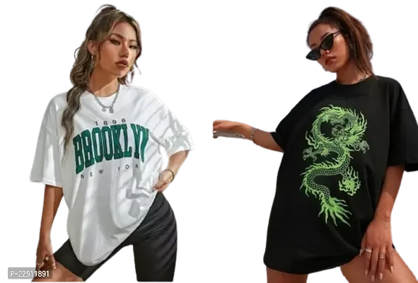 Women's Brooklyn Dragon Printed OverSize T-shirt Combo (Black White)