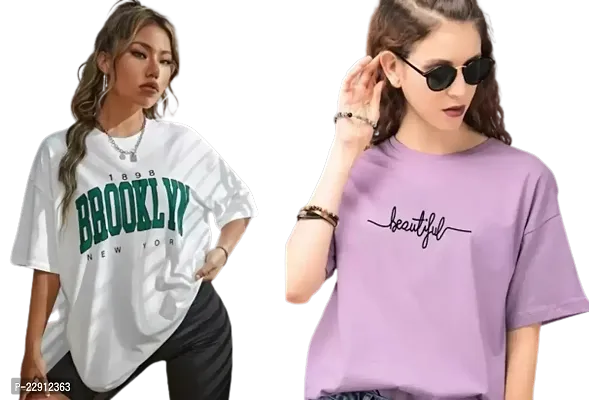 Women's Brooklyn Beautiful Printed OverSize T-shirt Combo (Purple White)