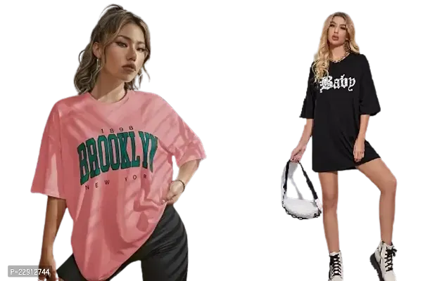 Women's Brooklyn Baby Printed OverSize T-shirt Combo (Black Pink)