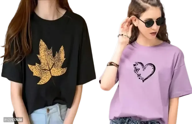 Women's Leaf Heart Butterfly Printed OverSize T-shirt Combo (Black Purple)-thumb0