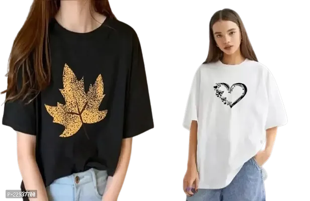 Women's Leaf Heart Butterfly Printed OverSize T-shirt Combo (Black White)