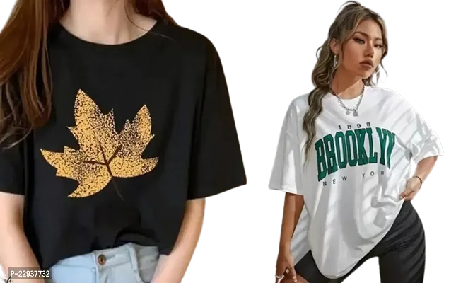 Women's Leaf Brooklyn Printed OverSize T-shirt Combo (Black White)