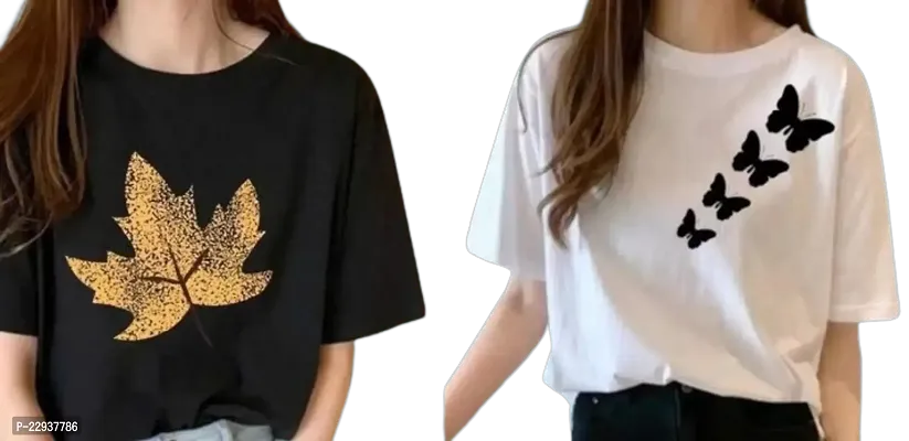 Women's Leaf Butterfly Printed OverSize T-shirt Combo (Black White)