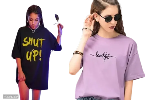 Women's Shut Up Beautiful Printed OverSize T-shirt Combo (Black Purple)