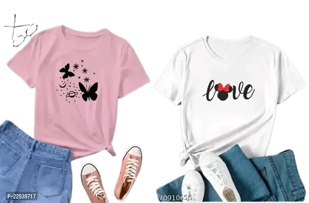 Women's Butterfly Planet Love Printed Regular T-shirt Combo (Pink White)-thumb0