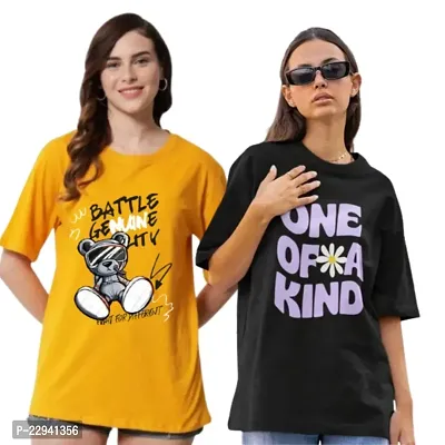 Women's Battle Kind Printed OverSize T-shirt Combo (Mustard Black)-thumb0