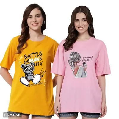 Women's Battle Ulti Ladki Printed OverSize T-shirt Combo (Mustard Pink)
