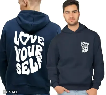 Men Full Sleeve Love Your Self Printed Hooded Sweatshirt (Blue)-thumb0