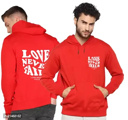 Men Full Sleeve Love Never Fail Printed Hooded Sweatshirt (Red)