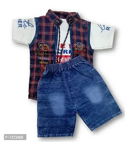 3 piece set for Boys 1 T-shirt, 1 Half Jacket, 1 Denim Shorts colour is Red