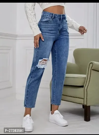 Stylish Navy Blue Denim Solid Jeans For Women-thumb4