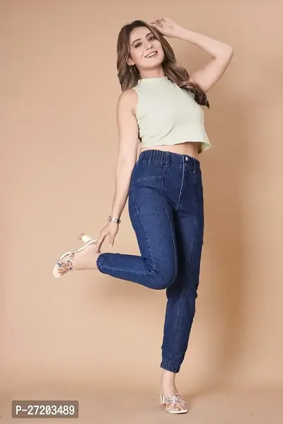 Stylish Blue Denim Solid Jeans For Women-thumb3