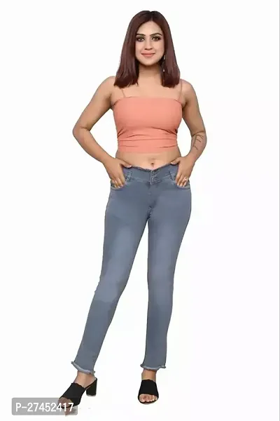 Stylish Grey Denim Solid Jeans For Women-thumb0