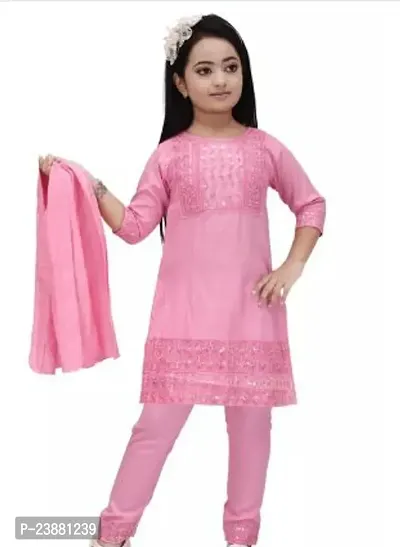 Alluring Pink Cotton Blend Embellished Kurtas With Bottom Set For Girls