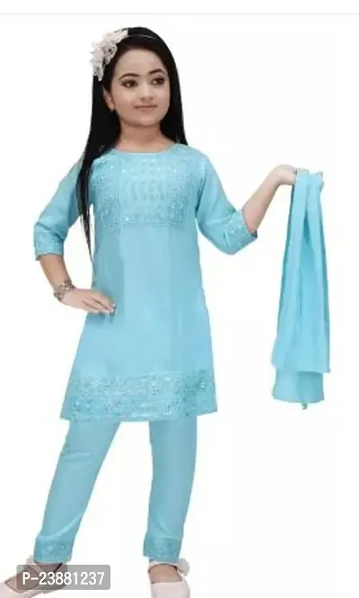 Alluring Turquoise Cotton Blend Embellished Kurtas With Bottom Set For Girls