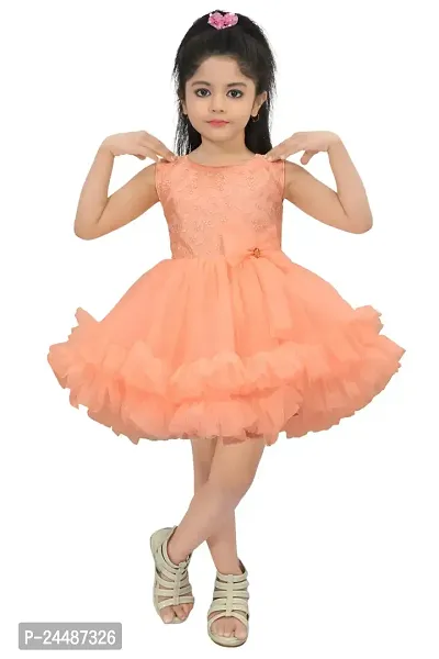IFSA Garments Net Casual Comfortable Knee Length Frock Dress for Girls Kids-thumb0