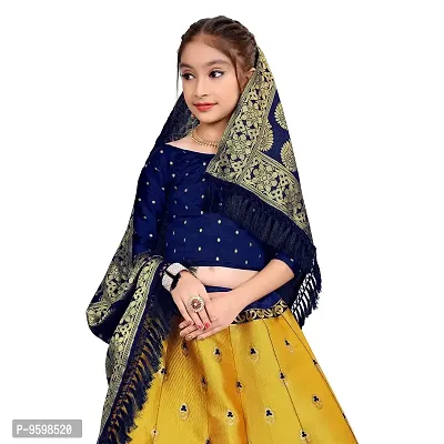 SAT CREATION Girl's Pure Silk banarashi Semi-stitched Lehenga Choli (7-8 Years, blue-yellow)-thumb4