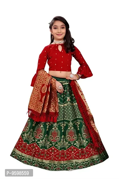 SAT CREATION Girl's Pure Silk banarashi Semi-stitched Lehenga Choli (9-10 Years, botal green)-thumb0