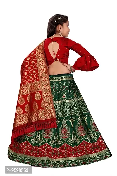 SAT CREATION Girl's Pure Silk banarashi Semi-stitched Lehenga Choli (9-10 Years, botal green)-thumb2