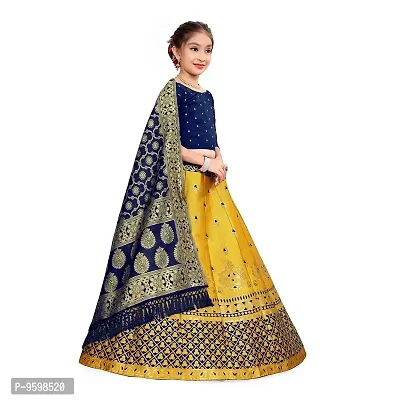 SAT CREATION Girl's Pure Silk banarashi Semi-stitched Lehenga Choli (7-8 Years, blue-yellow)-thumb3