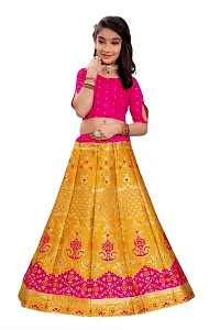 SAT CREATION Girl's Pure Silk banarashi Semi-stitched Lehenga Choli (7-8 Years, yellow-rani)-thumb3