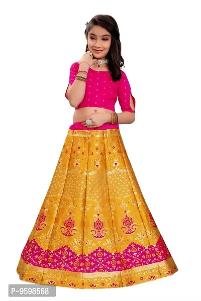 SAT CREATION Girl's Pure Silk banarashi Semi-stitched Lehenga Choli (7-8 Years, yellow-rani)-thumb4