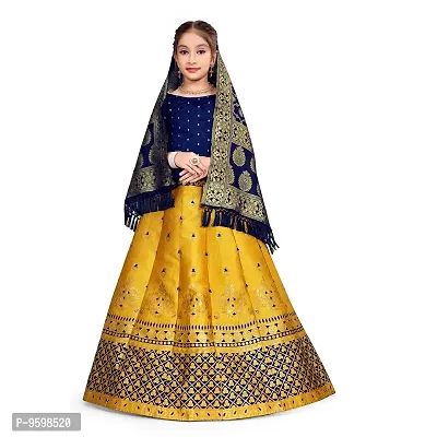 SAT CREATION Girl's Pure Silk banarashi Semi-stitched Lehenga Choli (7-8 Years, blue-yellow)-thumb0