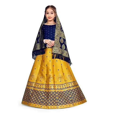 SAT CREATION Girl's Pure Silk banarashi Semi-stitched Lehenga Choli (7-8 Years, blue-yellow)