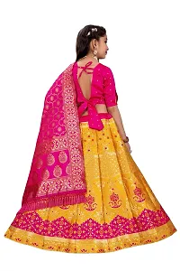 SAT CREATION Girl's Pure Silk banarashi Semi-stitched Lehenga Choli (7-8 Years, yellow-rani)-thumb1